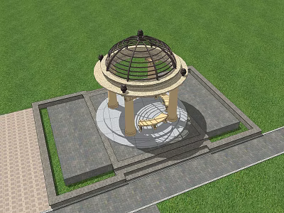Beautiful Gazebo With Dome Columns Stone Floor And Bench On Green Lawn 3d model
