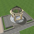 Beautiful Gazebo With Dome Columns Stone Floor And Bench On Green Lawn
