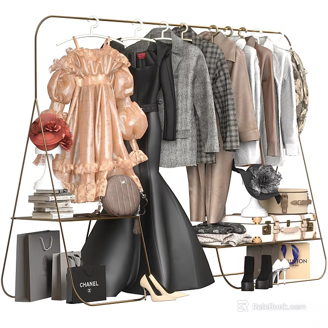 Trendy Women's Dresses Coats Shirts Hanging on Racks with Accessories Bags Hats Shoes 3d model 