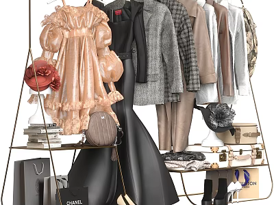 Trendy Women's Dresses Coats Shirts Hanging on Racks with Accessories Bags Hats Shoes 3d model