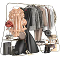 Trendy Women's Dresses Coats Shirts Hanging on Racks with Accessories Bags Hats Shoes