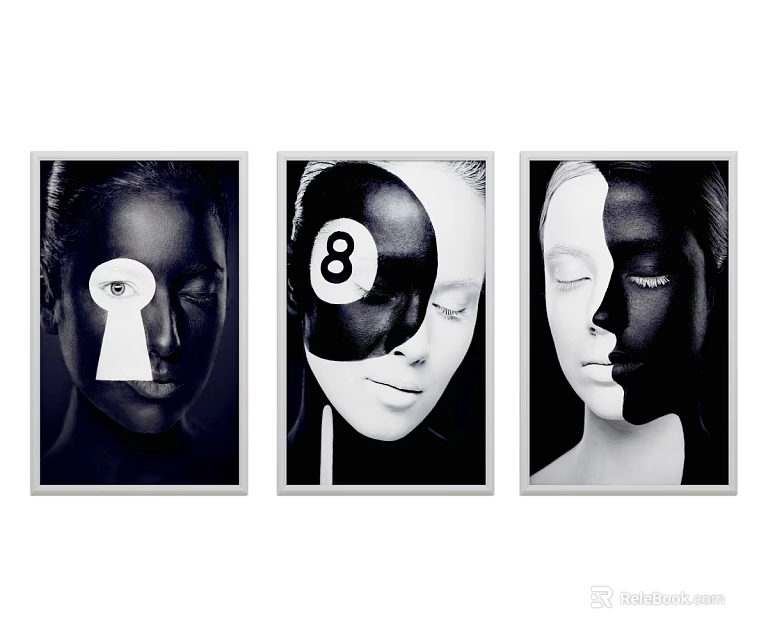 Abstract Portrait Artworks Three Framed With Keyhole Number 8 And Symmetric Black White Design 3d model 