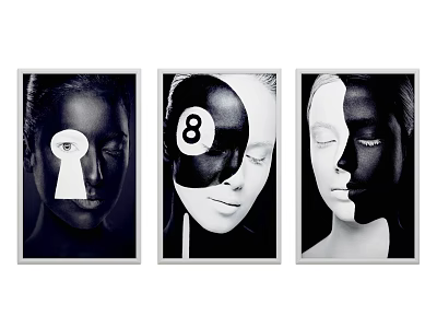 Abstract Portrait Artworks Three Framed With Keyhole Number 8 And Symmetric Black White Design 3d model