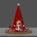 Red Christmas Tree With Star Santa Claus Figure Reindeer Gifts And Golden Railing