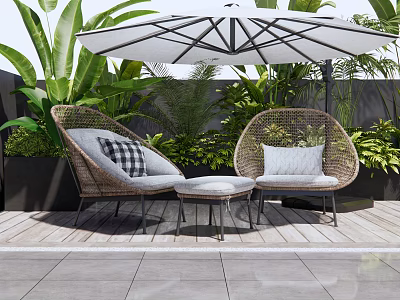 Rattan Outdoor Sofa Set With Cushions Umbrella And Green Plants On Wooden Deck 3d model