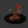 Colorful Birdhouse With Red Roof Blue Body And Twisted Branches On Dark Round Platform