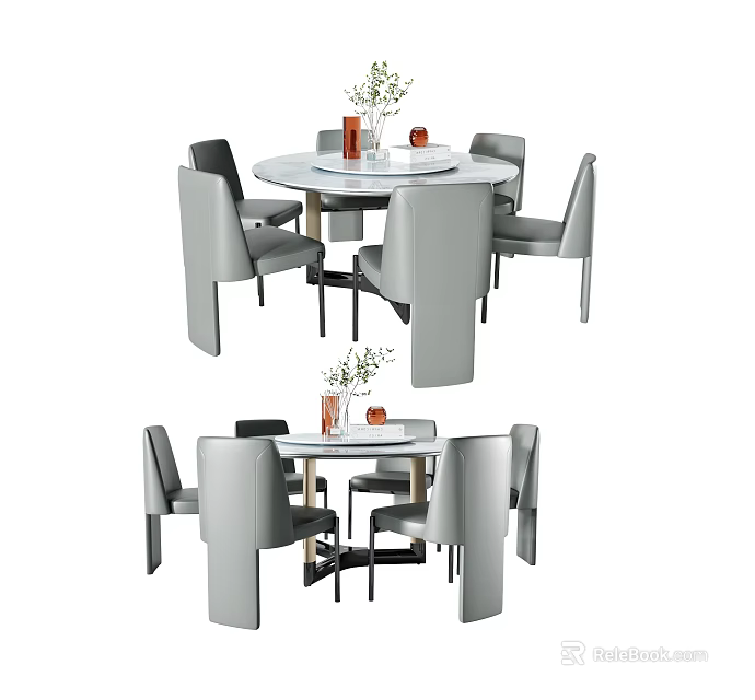 Modern Gray Dining Table Set With Comfortable Chairs And Decorative Vase 3d model