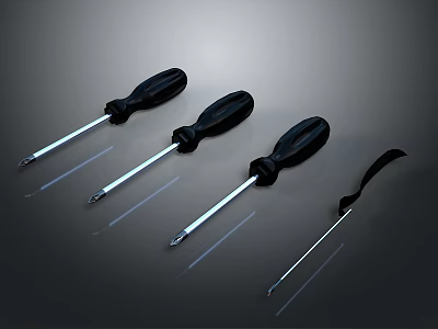 Four Professional Screwdrivers With Black Handles And Silver Shafts On Gray Background 3d model