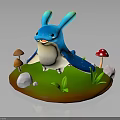 Blue Rabbit Like Creature On Green Grassy Base With Mushrooms Stones And Grass Blades