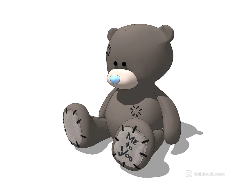 Gray Plush Teddy Bear Doll Sitting with Blue Nose and Mr You Foot Text 3d model 