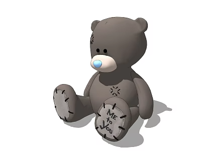 Gray Plush Teddy Bear Doll Sitting with Blue Nose and Mr You Foot Text 3d model