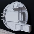Elegant Modern TV Background Wall With Round Design And Floating Shelves Decorative Vases
