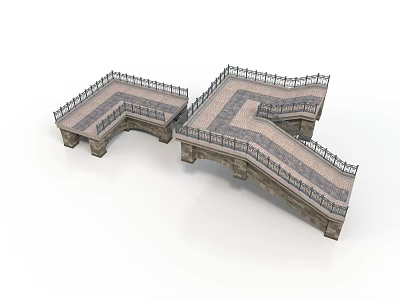 Stone Bridge Architectural Structure With Railing And Paved Connecting Design 3d model