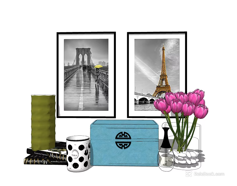 Decorative Ornament Set with Framed Eiffel Tower Bridge Prints Pink Tulips Blue Box Green Decor 3d model 