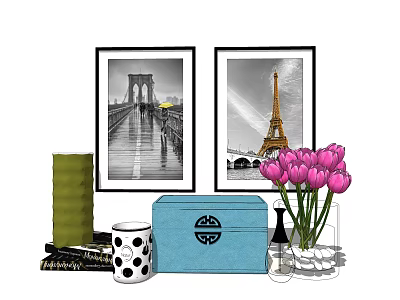 Decorative Ornament Set with Framed Eiffel Tower Bridge Prints Pink Tulips Blue Box Green Decor 3d model