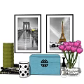 Decorative Ornament Set with Framed Eiffel Tower Bridge Prints Pink Tulips Blue Box Green Decor