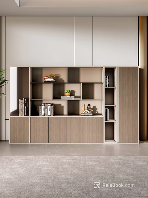 Modern Wooden Bookcase With Multi Shelves Cabinets Books Decorative Items And Small Potted Plant 3d model 