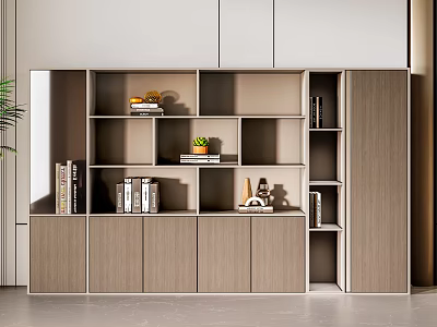 Modern Wooden Bookcase With Multi Shelves Cabinets Books Decorative Items And Small Potted Plant 3d model