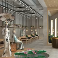 Qipao Themed Clothing Store Interior Featuring Mannequins Wooden Tables Ceiling Lights And Lotus Pattern Floor