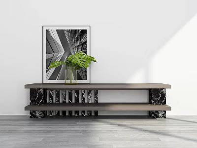 Modern TV Stand With Marble Accents Green Plant And Black White Abstract Painting 3d model