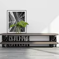 Modern TV Stand With Marble Accents Green Plant And Black White Abstract Painting