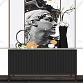 Modern Black Ribbed Entryway Sideboard With Decorative Vase Tea Set And Artwork 3d model