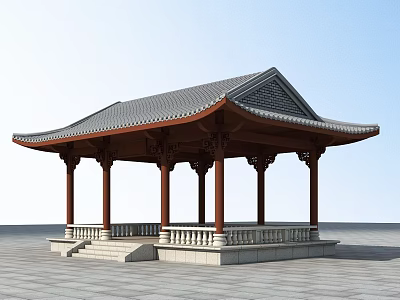 Traditional Chinese Style Pavilion With Red Pillars Stone Railings And Steps 3d model