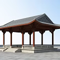 Traditional Chinese Style Pavilion With Red Pillars Stone Railings And Steps