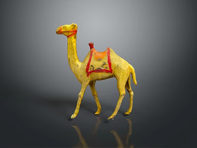 Yellow Camel Figurine With Red Decorative Saddle On Black Background 3d model