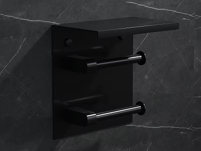 Black Wall Mounted Shelf With Two Towel Bars For Bathroom Sink On Gray Marble Wall 3d model