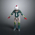 3D Rendered Humanoid Model In Green White Costume With Red Gloves And Yellow Details