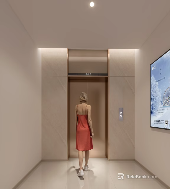Modern Elevator Lobby Featuring Woman In Red Dress Back View Elevator Door And Digital Screen 3d model