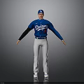 Man in Blue Dodgers Jersey Number 4 Black Sleeves Blue Cap White Pants Standing Pose