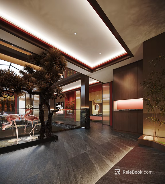 Modern Chinese Hotpot Restaurant Interior Design With Spacious Dining Area And Decorative Plants 3d model 