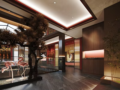 Modern Chinese Hotpot Restaurant Interior Design With Spacious Dining Area And Decorative Plants 3d model