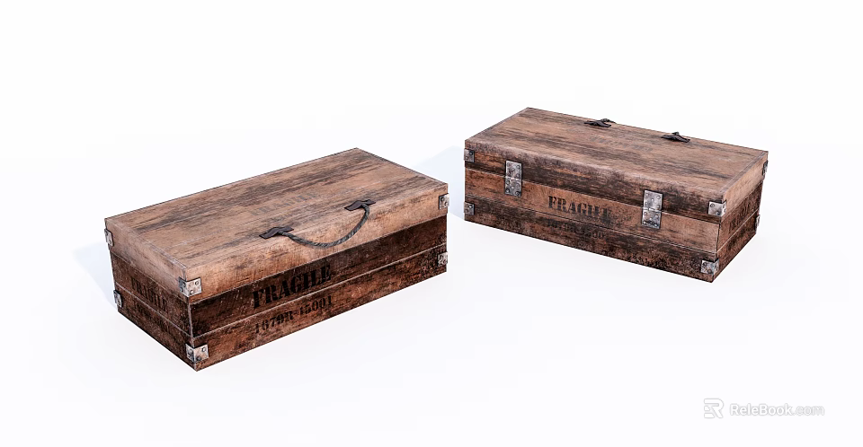 Vintage Wooden Boxes With Metal Clasps Handles And Retro Text Labels 3d model 