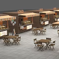 Food Stall Featuring Striped Awning Logo Display Case Menu Board Balloons Table And Chairs