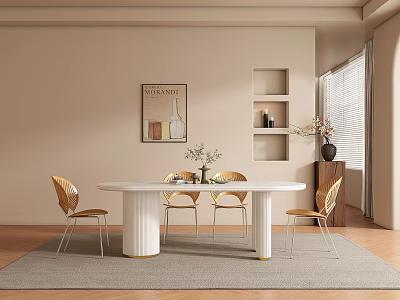 Modern Restaurant Interior with Round White Table Golden Chairs Beige Walls and Decorative Painting 3d model