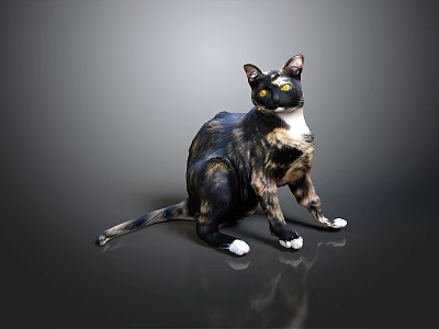 Calico Cat Standing On Glossy Dark Gray Surface With Yellow Eyes 3d model