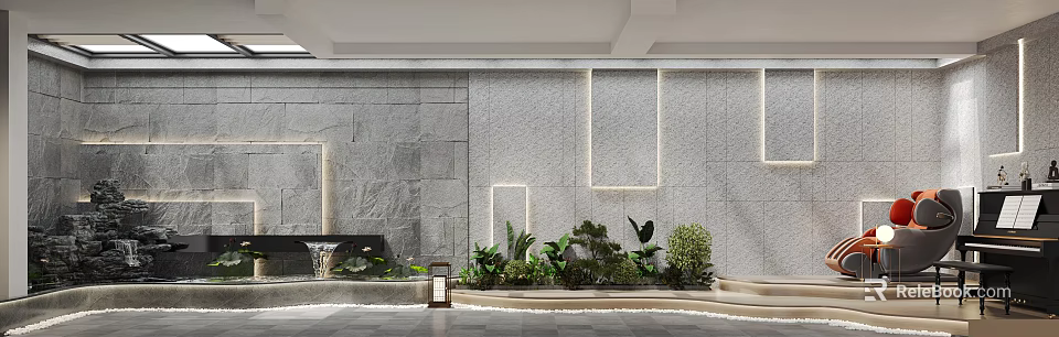 Home Balcony Design With Gray Stone Wall LED Strip Lights Green Plants And Water Feature 3d model 