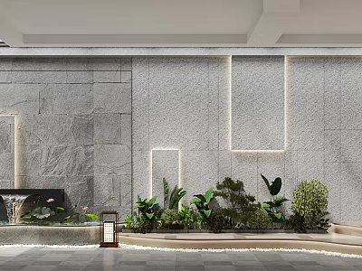 Home Balcony Design With Gray Stone Wall LED Strip Lights Green Plants And Water Feature 3d model