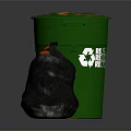 Green Trash Bin With Reuse Reduce Recycle Label And Black Garbage Bag