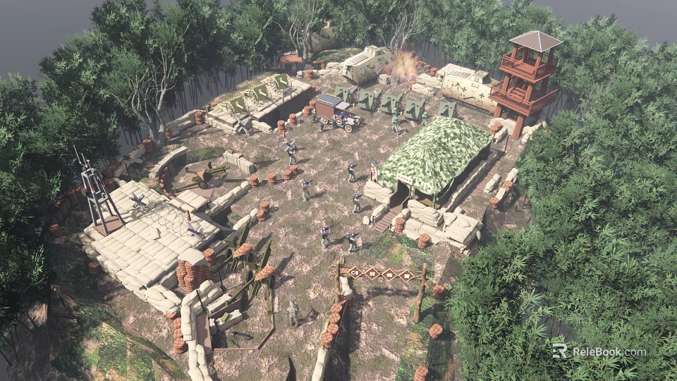 Ancient Battlefield Scene With Soldiers Tower Stone Walls And Green Trees 3d model 