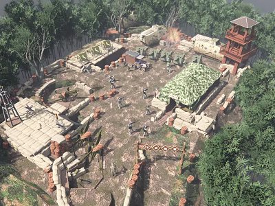 Ancient Battlefield Scene With Soldiers Tower Stone Walls And Green Trees 3d model
