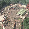 Ancient Battlefield Scene With Soldiers Tower Stone Walls And Green Trees