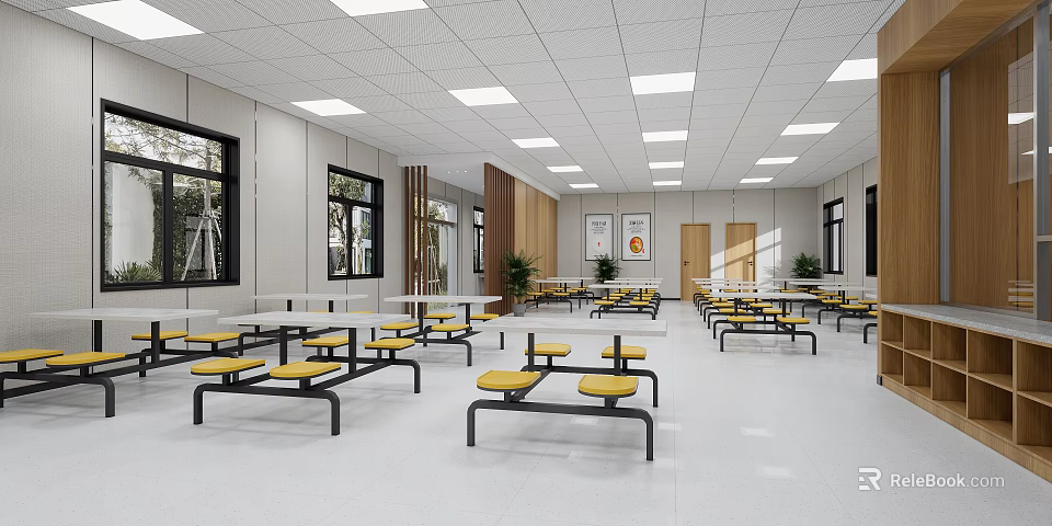 Spacious School Cafeteria Interior With Bright Windows Tables Chairs And Ceiling Lights 3d model