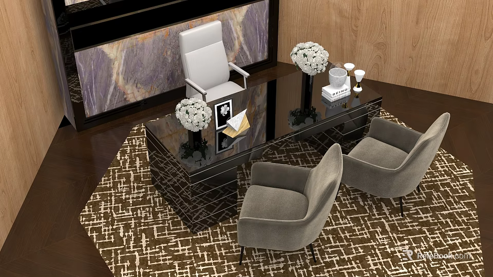 Modern Office Desk Featuring Black Surface Three Gray Chairs White Flower Bouquets And Patterned Carpet 3d model 