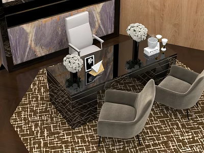 Modern Office Desk Featuring Black Surface Three Gray Chairs White Flower Bouquets And Patterned Carpet 3d model