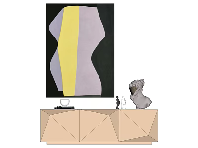 Abstract Artwork On Black Background With Wooden Console And Decorative Objects 3d model