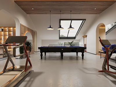 Modern Entertainment Room With Pool Table Fitness Equipment And Skylight 3d model